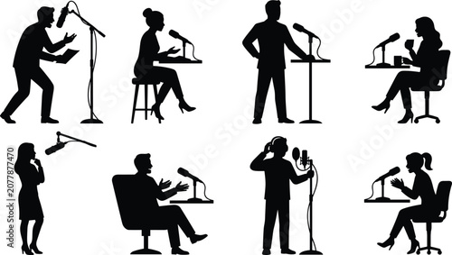 Cuadro en lienzo Podcast and radio host silhouettes set with people speaking into microphones for