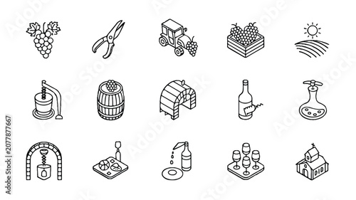 wine production and vineyard icons set with grapes and wine glasses