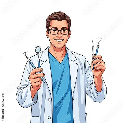 Smiling male dentist holding dental tools in clinic.