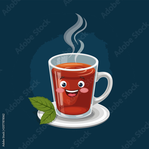 Steaming cup of hot tea with a happy face and fresh green leaves on a saucer