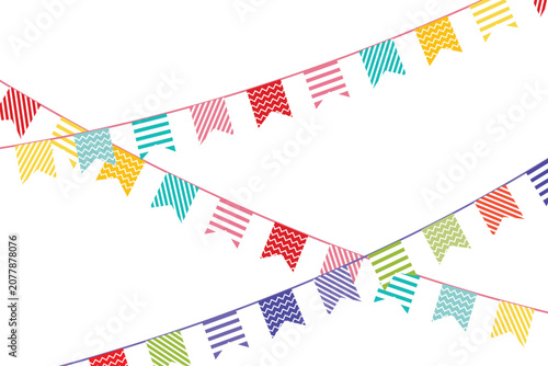 Crisscross colorful festival bunting flags set for joyful birthday party carnival event and happy holiday decoration
