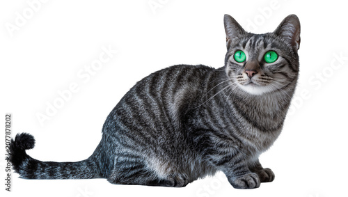 Canvas Print Tabby cat with bright green eyes sitting alert, isolated on transparent backgrou