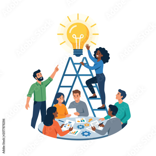 Team brainstorming session with lightbulb idea concept.