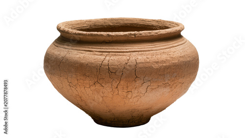 Obraz na płótnie Ancient cracked earthenware pot with textured rim, isolated on transparent backg