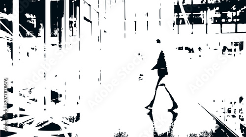 Lone figure walking through abstract urban environment, monochrome graphic style