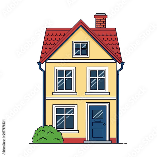 Vector illustration of a yellow two story house with red roof and blue door