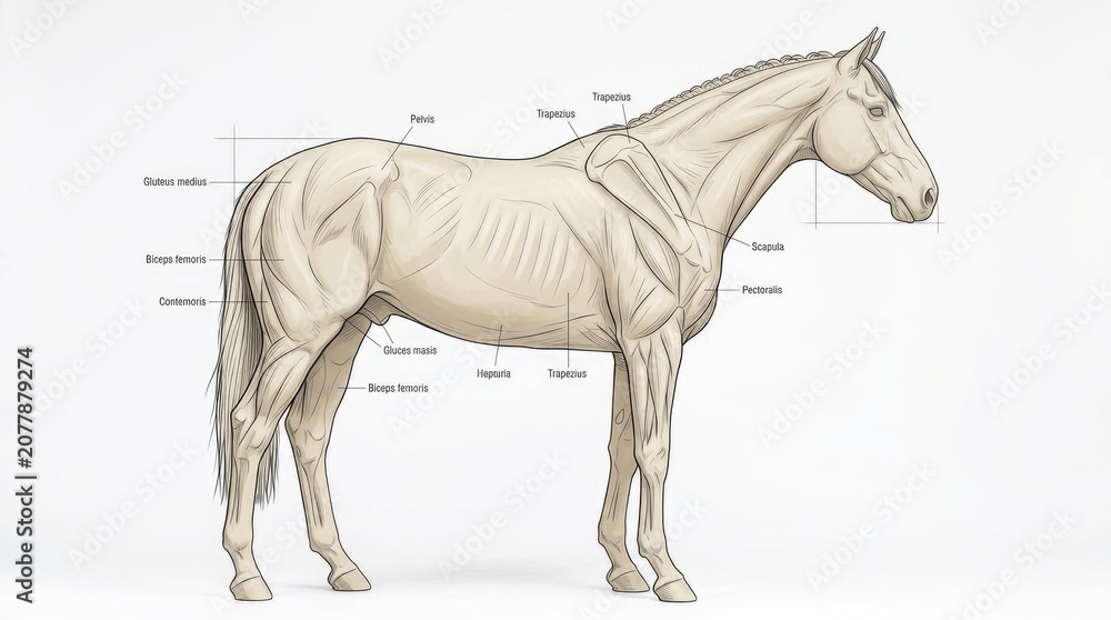 Obraz premium Detailed Equine Anatomy Study Side View Showing Muscle Structure And Skeletal Form Rendered In A Light Beige Tone Against A White Backdrop For