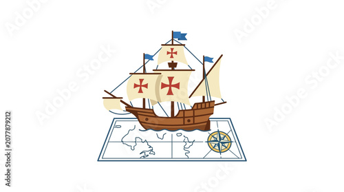 Slika na platnu Vintage Sailing Ship on World Map with Compass, Exploration Concept