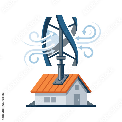 Vertical axis wind turbine on residential house roof.