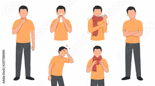 Tableau sur toile Illustration set of a man suffering from common cold and flu symptoms