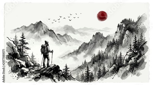 Man standing on mountain with hiking pole.