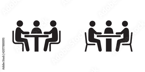 Simple business meeting icon displaying three individuals seated at a table ideal for corporate communication and discussions