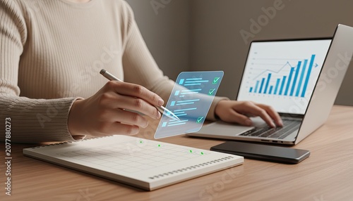 Professional using futuristic tech for efficient task management and data analysis. Business planning with digital