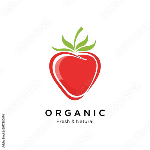 Vibrant Organic Strawberry Logo Design with Green Leaves.