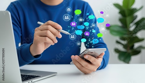 Man using smartphone with social media chat bubbles and icons, digital communication concept
