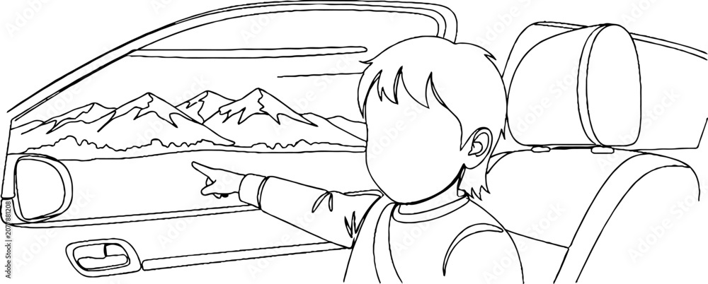 Fototapeta premium Child pointing at mountain landscape from car window.