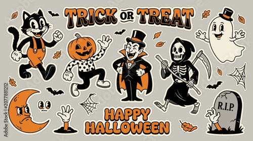 Obraz na plátně Vintage 1930s style Halloween sticker collection with characters.