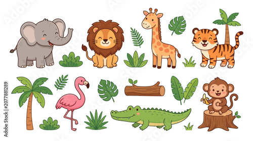 Photography Wild Safari Animal Set with Tropical Plants and Foliage