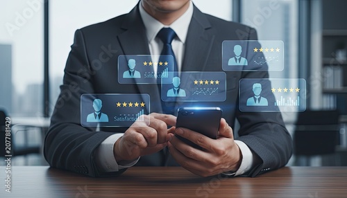 Businessman analyzing customer satisfaction ratings and feedback on a futuristic mobile app.