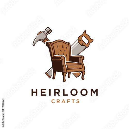 Vintage Armchair with Woodworking Tools Logo Design.