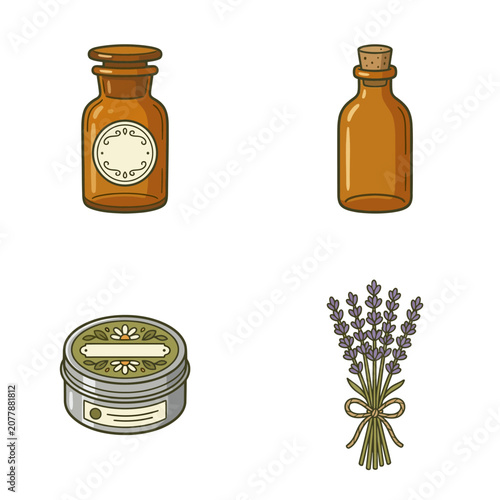 Vintage Apothecary Bottles and Lavender with Tin Container.