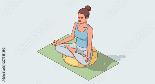 Woman meditating in lotus position on yoga mat.