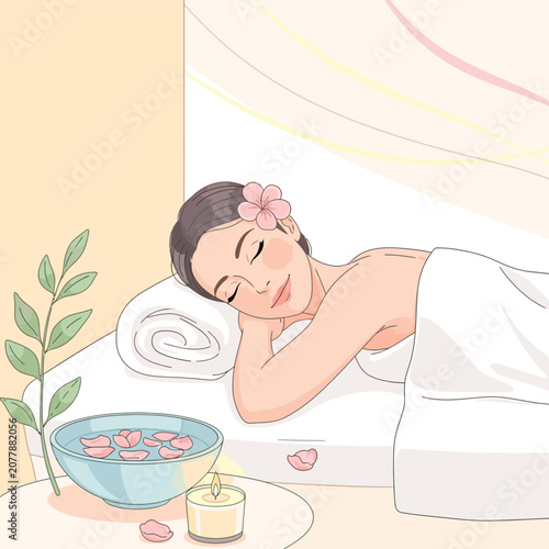 Woman relaxing with flower in hair during spa treatment.