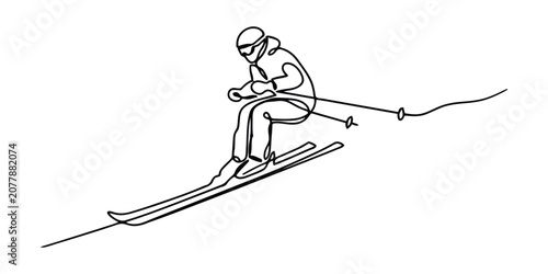 Continuous single line drawing of a person skiing downhill Vector, illustration