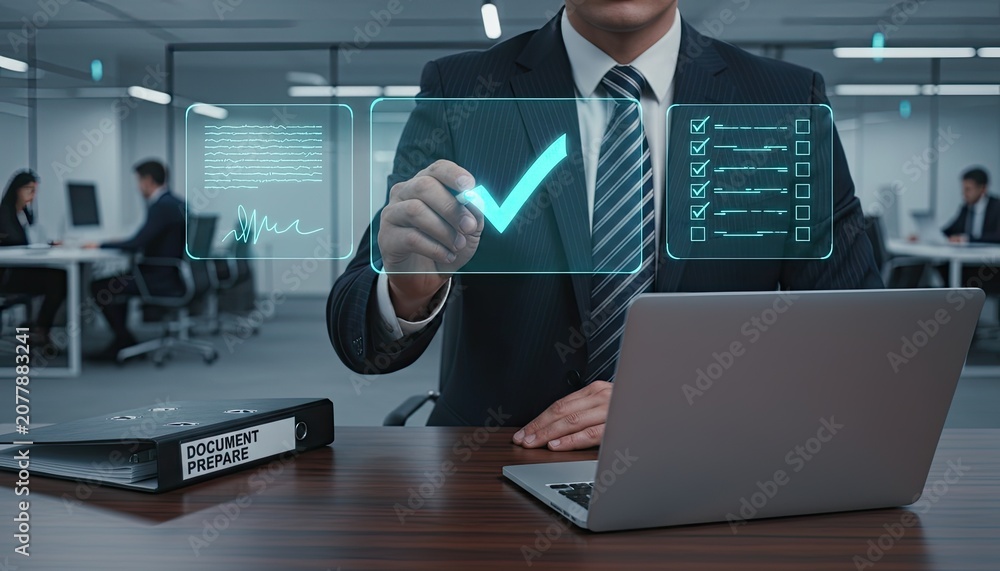 Fototapeta premium Businessman managing digital workflow with holographic interface, approving documents, and streamlining tasks in modern office.