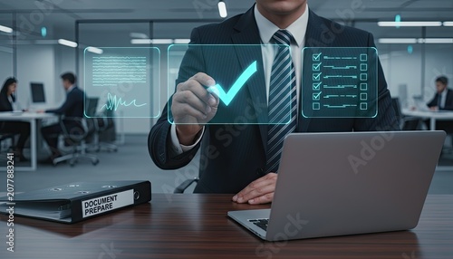 Businessman managing digital workflow with holographic interface, approving documents, and streamlining tasks in modern office.