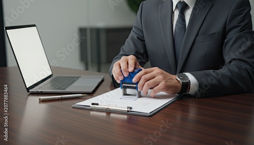 Businessman Stamping Official Document at Office Desk. Approval and Legal Contract Signing Process.