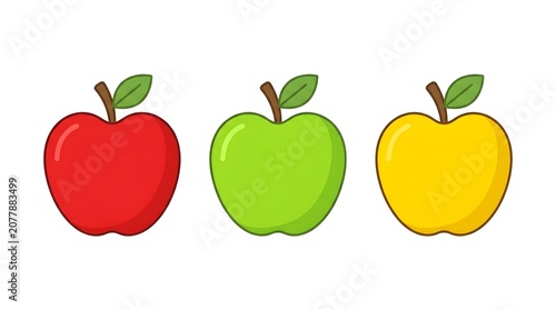 Three Red Green and Yellow Apple Illustrations Isolated on White