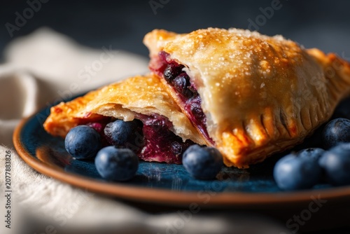 Blueberry hand pie on a plate. Golden flaky pastry crust filled with fresh fruit. Traditional homemade dessert for summer breakfast. Sweet snack and bakery item for gourmet menu.