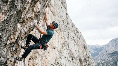 Male rock climber scaling steep cliff in mountainous landscape  