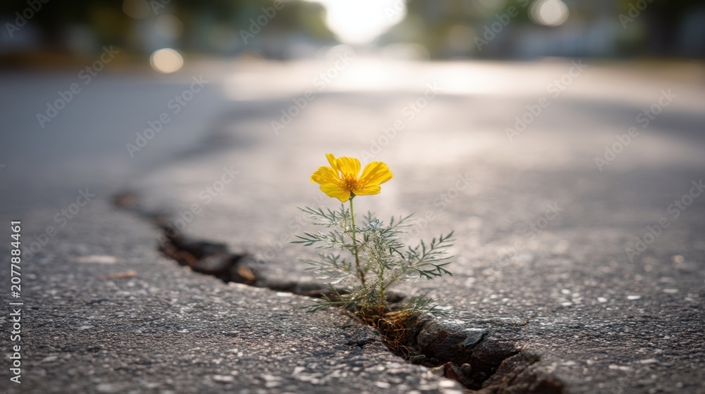 Fototapeta premium Yellow flower growing through crack in asphalt road. Symbol of resilience and hope. Nature overcoming concrete city environment. Struggle for life in urban landscape, growth concept.