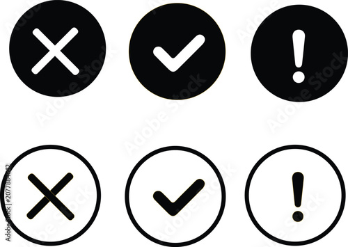 Fotografie Check Mark Cross and Exclamation Warning Icons Set, yes no warning, tik mark and
