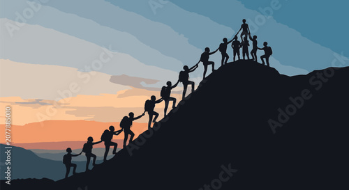 Silhouette of a large group of people forming a human chain to climb a steep mountain peak against a sunset sky, symbolizing teamwork, cooperation, and collective achievement.