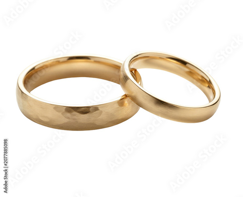 Pair of golden wedding rings isolated on transparent background close up