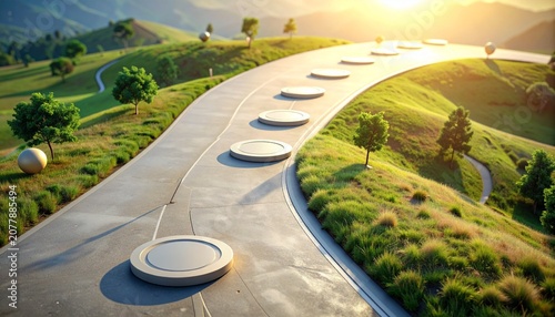 Curved Roadmap Path with Circular Milestones in Green Landscape