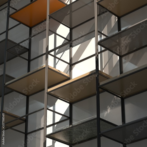 Architectural interior scene with modern metal shelf and dramatic staircase shadow 3D render cgi