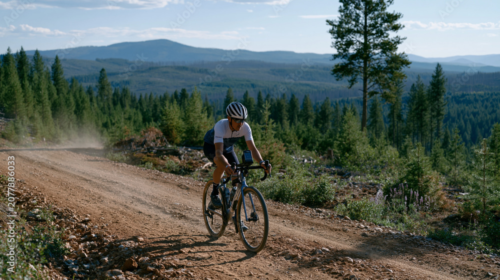 Fototapeta premium Gravel cyclist alone on red dirt forest service road in Montana backcountry at midday, dust plume rising behind rear wheel, navigation device mounted on stem, timber clearcut stretching to distant r