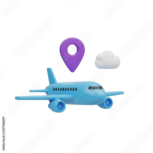Playful airplane with location pin and cloud icon isolated on transparent background