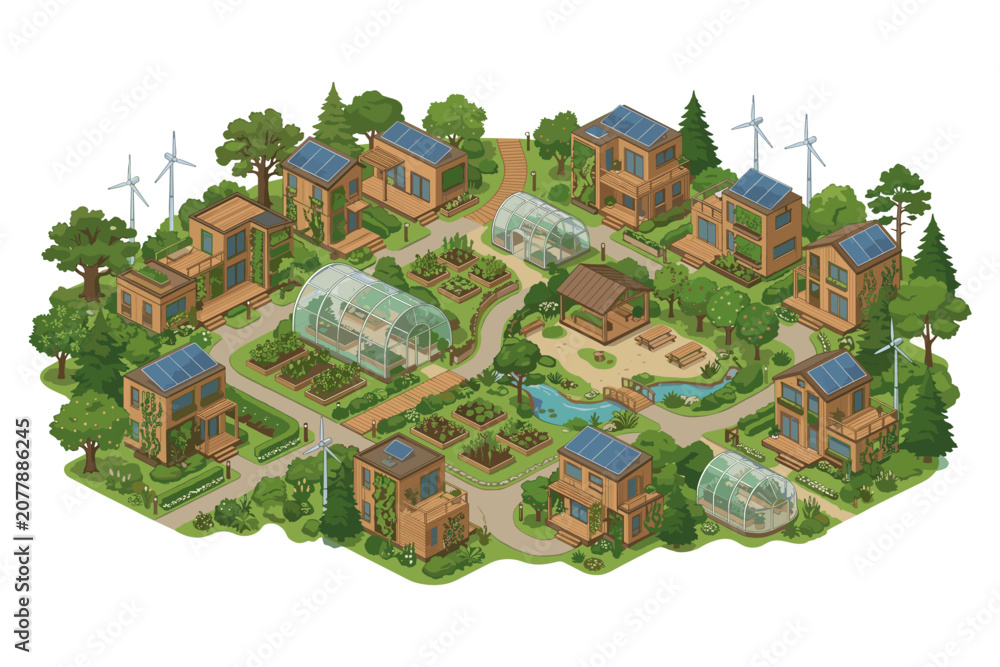 Naklejka premium Sustainable eco-village with modern homes, greenhouses, and renewable energy sources