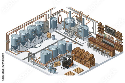 Isometric brewery interior with fermentation tanks, barrels, and tasting bar