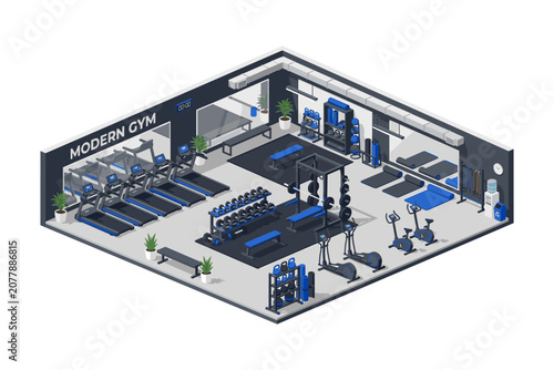 Modern isometric gym interior with cardio and weight training equipment