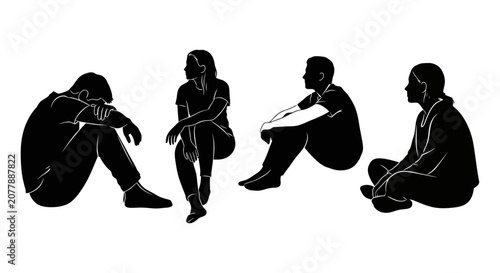 Four silhouetted people sitting in contemplative poses against a white background.