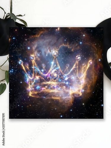Abstract cosmic crown in space with vibrant colors.
