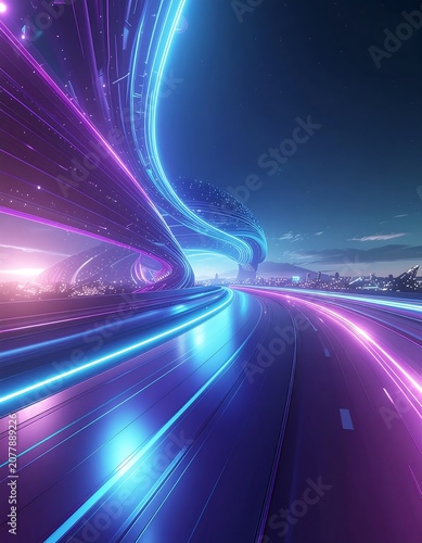 Abstract Digital Highway with Light Trails and Futuristic Glow.