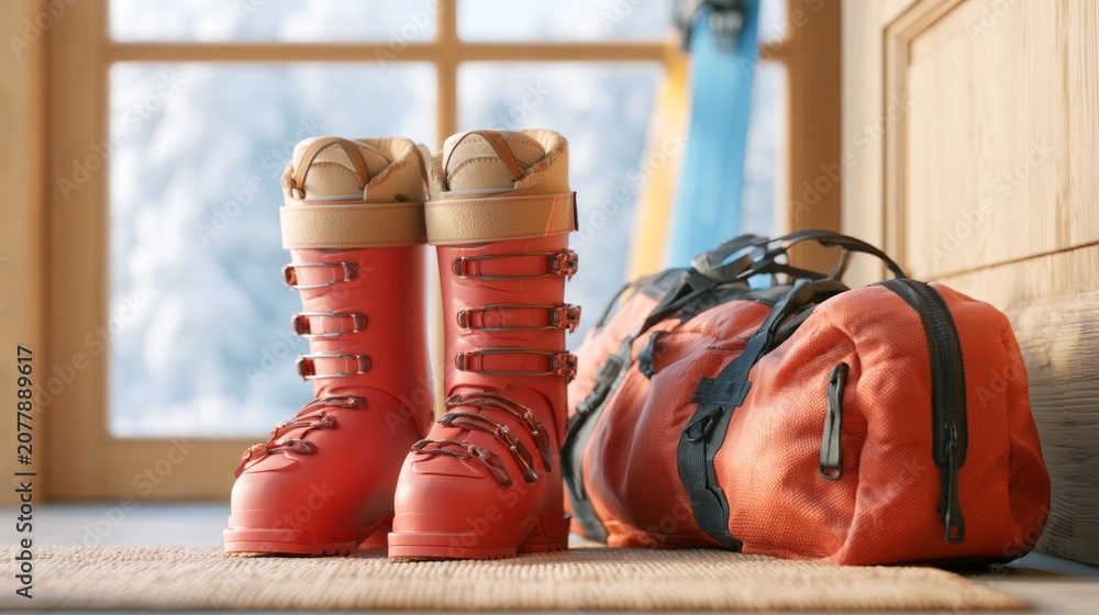 Obraz premium Bright Red Ski Boots Ready for Adventure Beside Packed Gear in Lodge