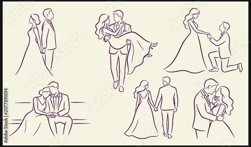Foto Minimalist line art illustration of romantic couple in tender poses holding hand